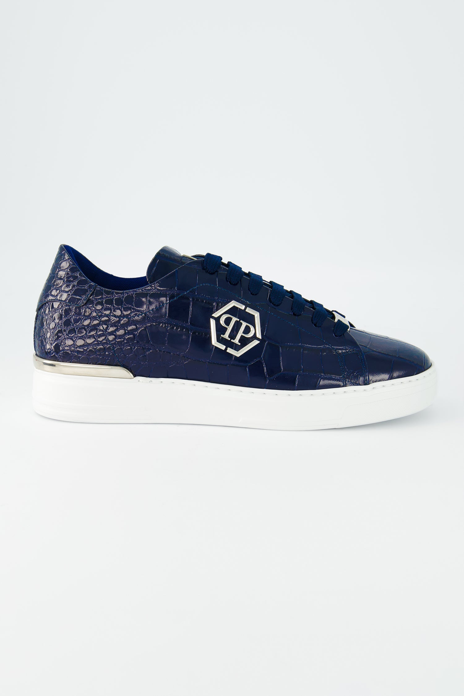Philipp Plein Dark Blue Crocodile Leather Print Lo-Top Sneakers