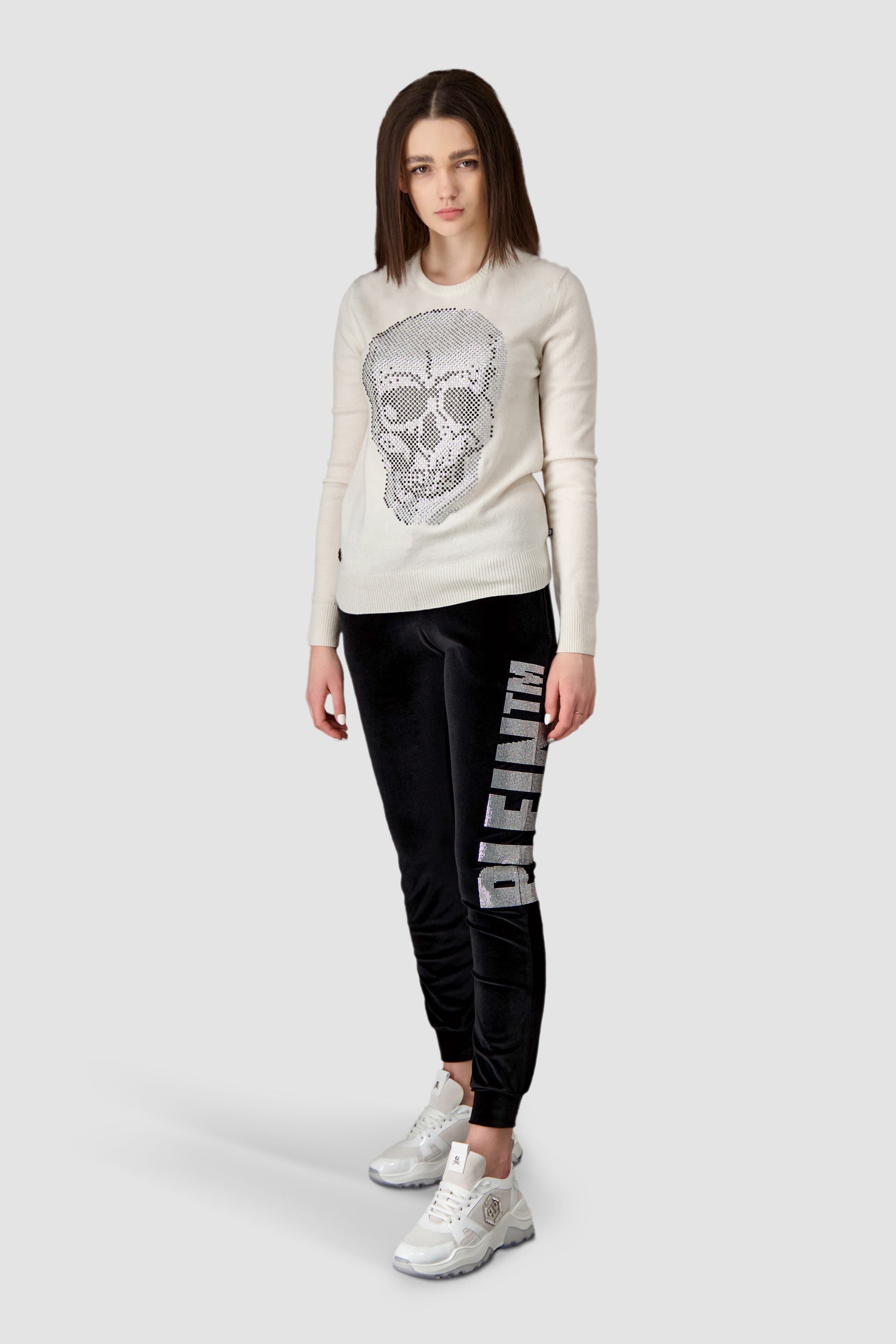 Philipp Plein White Round Neck LS Skull Crystal Pullover