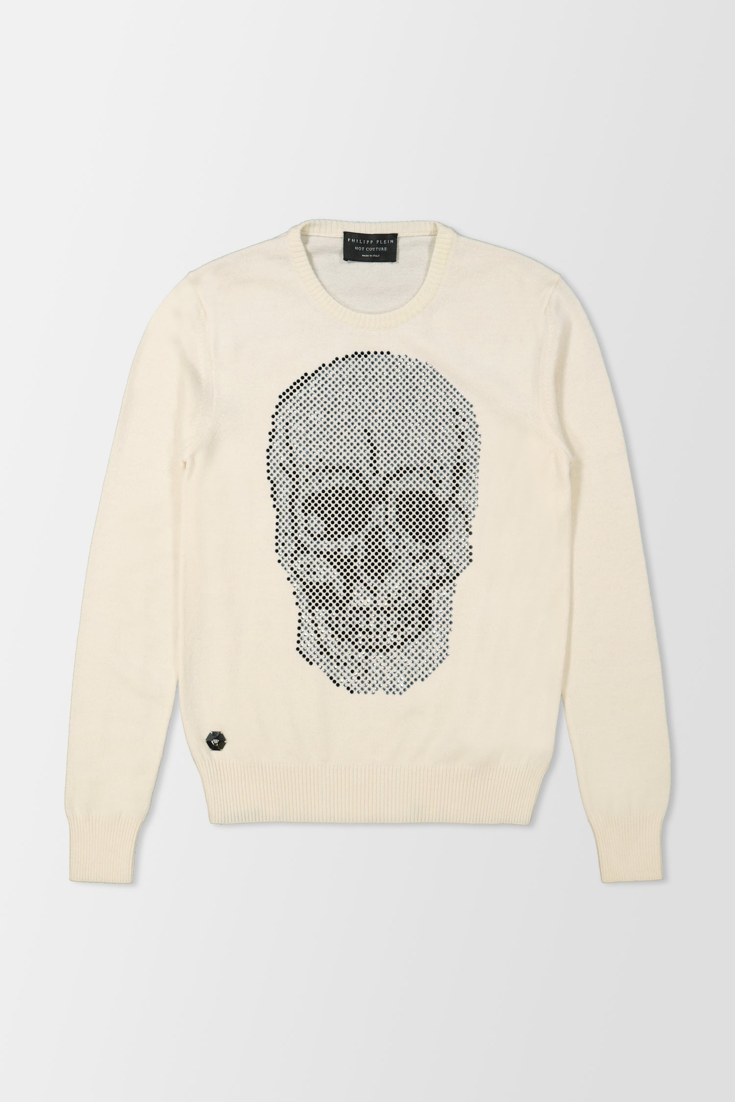 Philipp Plein White Round Neck LS Skull Crystal Pullover