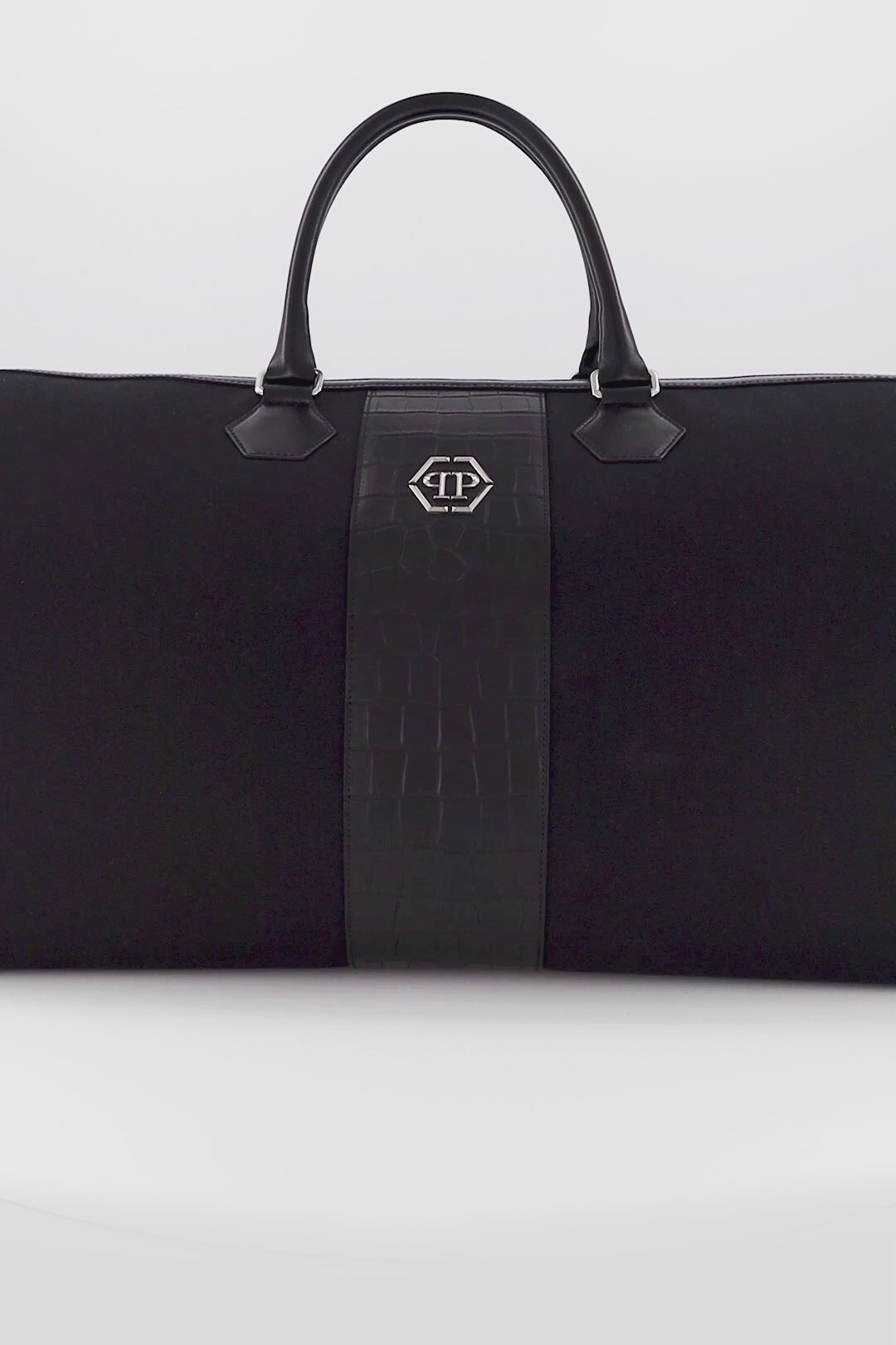 Load video: Philipp Plein Croco Effect Canvas Handle Bag