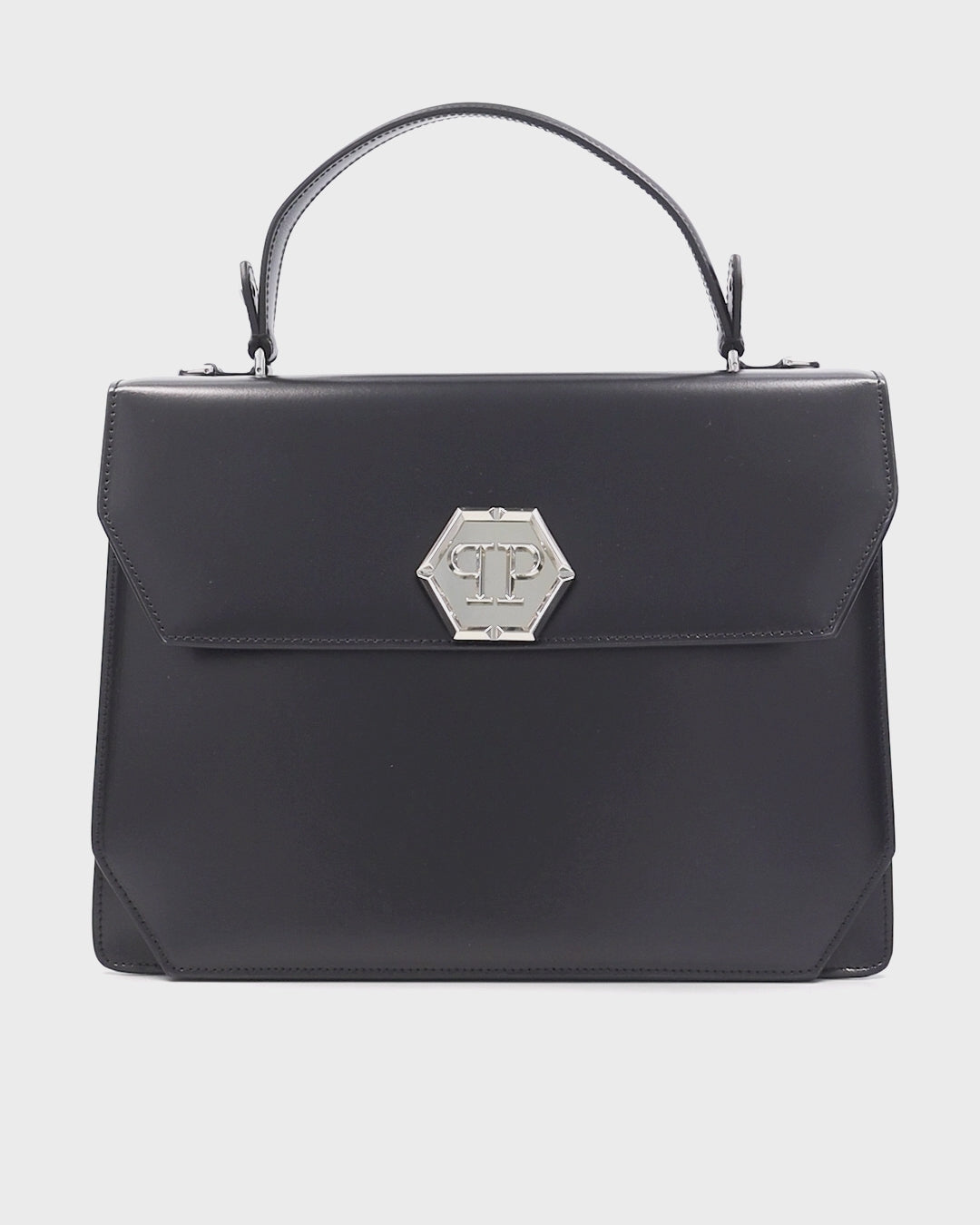 Load video: Philipp Plein Black Superheroine Large Hexagon Leather Handle Bag