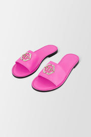 Philipp Plein Pink Leather Hexagon Logo Flat Slides