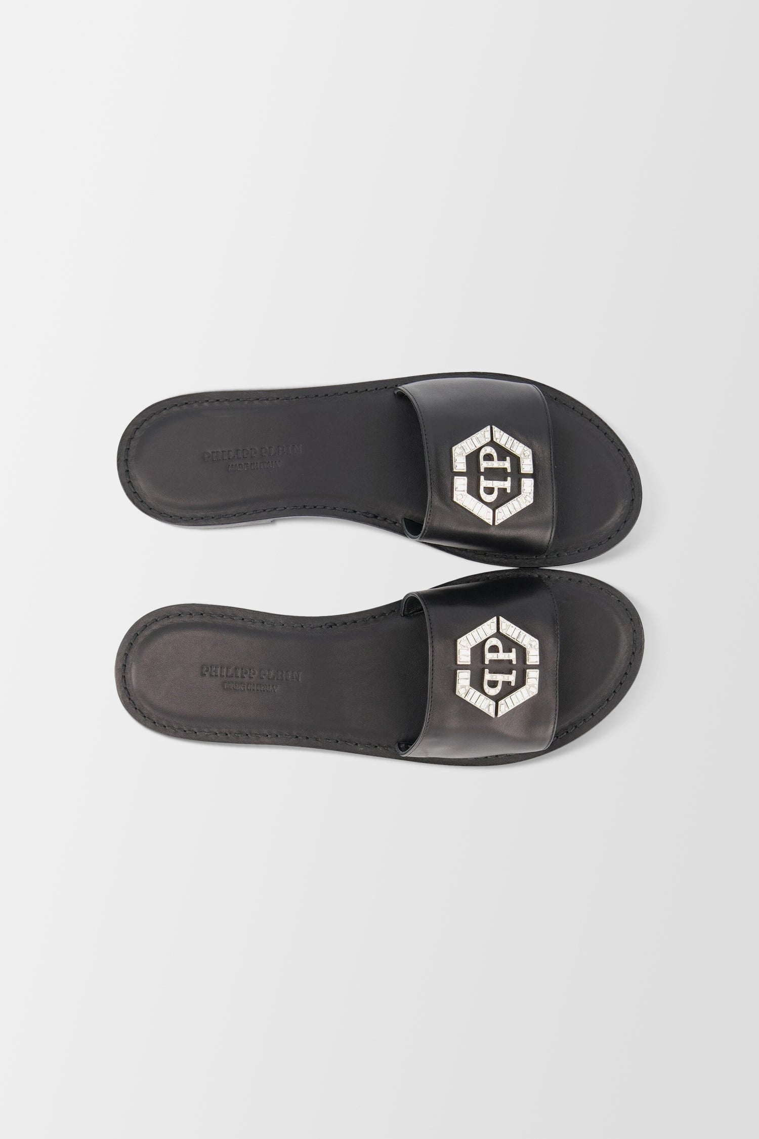 Philipp Plein Black Leather Hexagon Logo Flat Slides