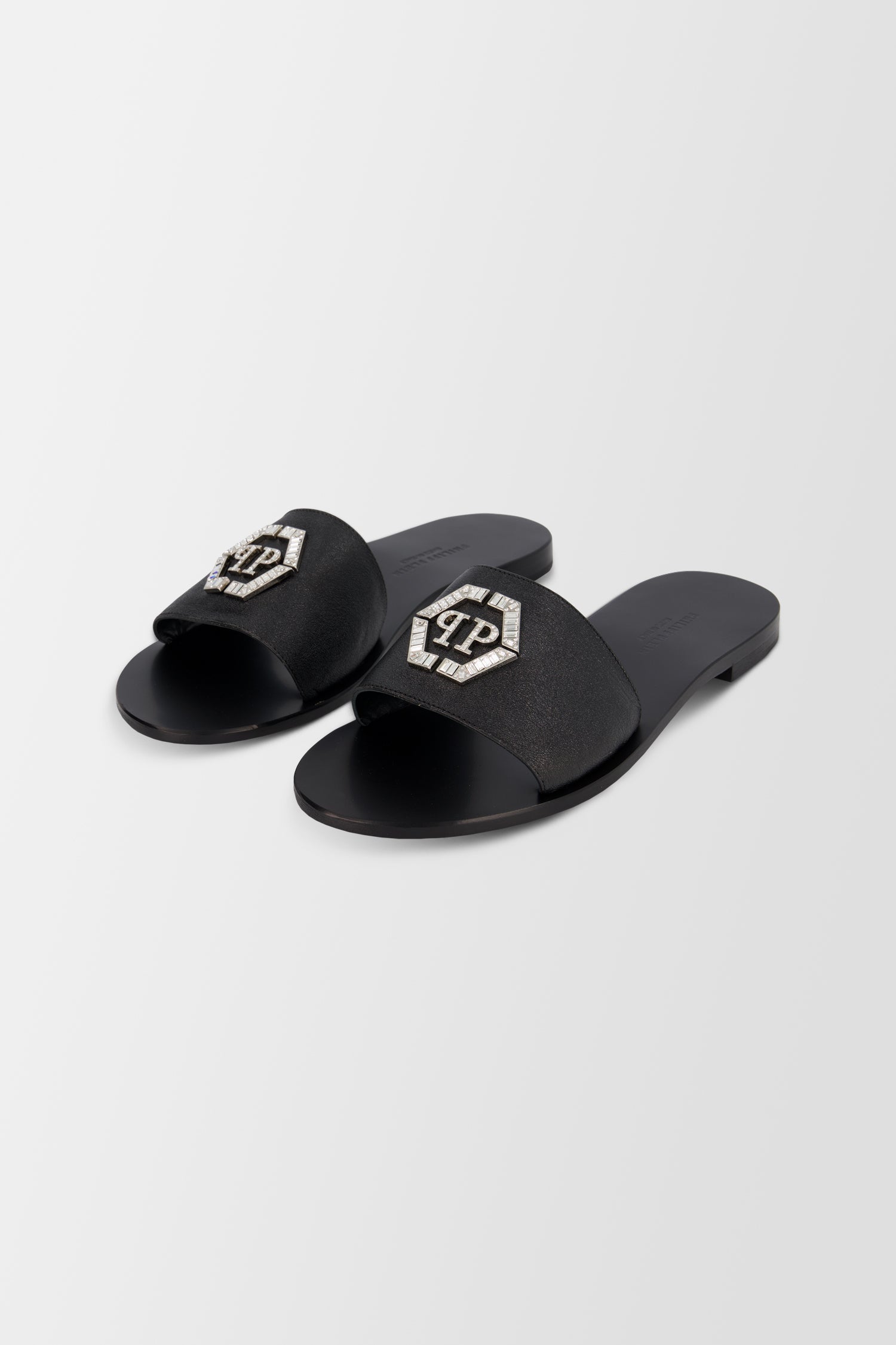 Philipp Plein Black Hexagon Logo Flat Slides